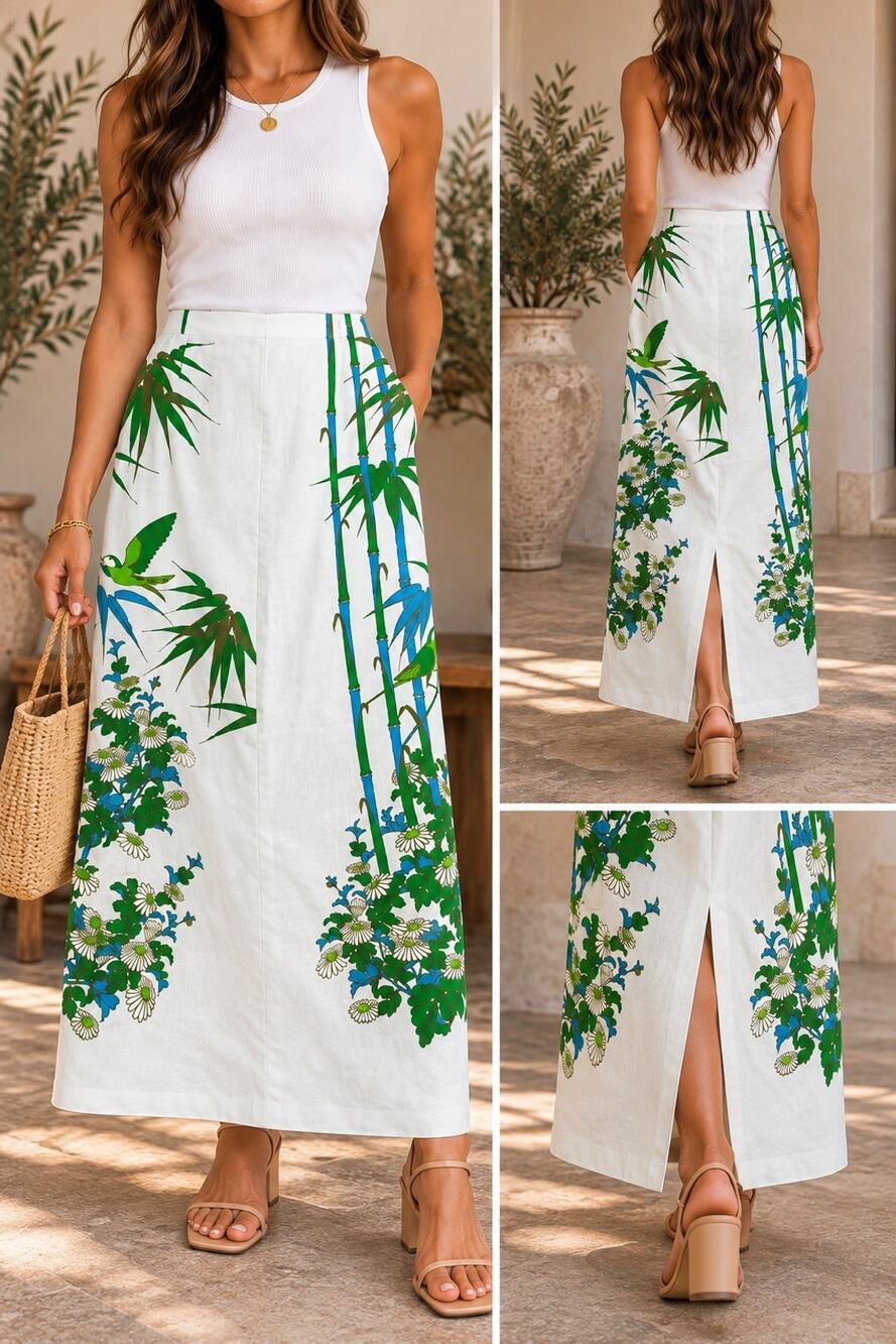 Vintage Shahan White Floral Bamboo Linen Straight Long Skirt Slit Zip Women’s M